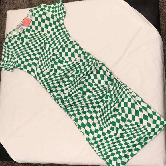 Dressed In LALA “Vibe Check Checkered Dress” Ruched Green White S - Picture 5 of 14